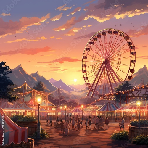 illustration of theme park tents ferris wheel sunset, Generative ai