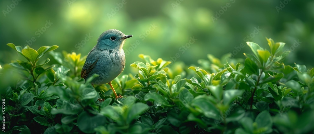 Fototapeta premium a small blue bird sitting on top of a lush green leafy plant covered in lots of small green leaves.