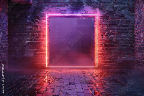 Neon light frame shining on brick wall background. 3d rendering