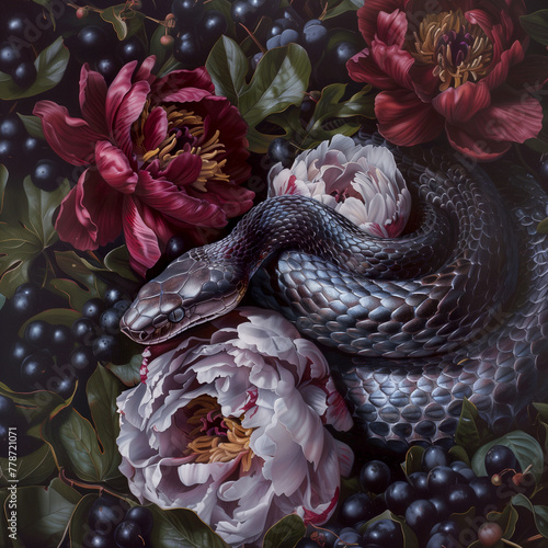 Black snakes in flowers, Aesthetic mytery photography