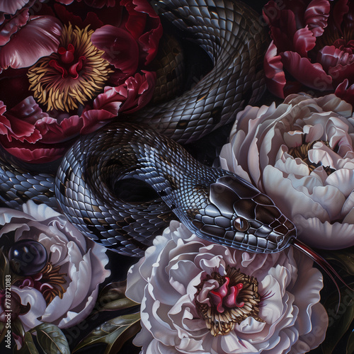 Black snakes in flowers, Aesthetic mytery photography