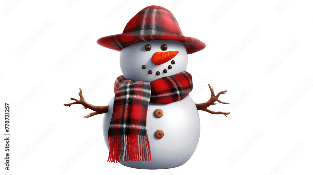 Snowman with hat and scarf on transparent background