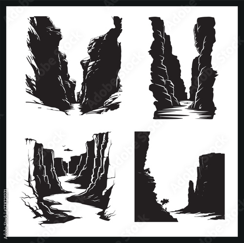 A black and white silhouette vector of a canyon 