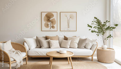 Bright living room interior with comfortable white sofa and armchair coffee table houseplant and botanical prints on the wall in light wooden frames