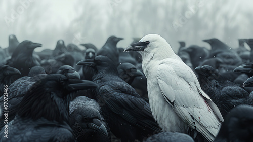 A white crow stands against the background of a flock of black crows. She stands out from the black mass. Individuality concept.