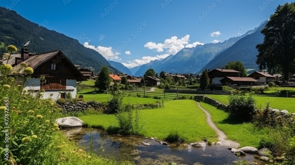 Modern cottage village in the summer Swiss Alps