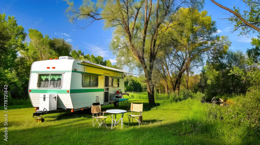White Caravan Trailer Basks in Sunshine on European Campground