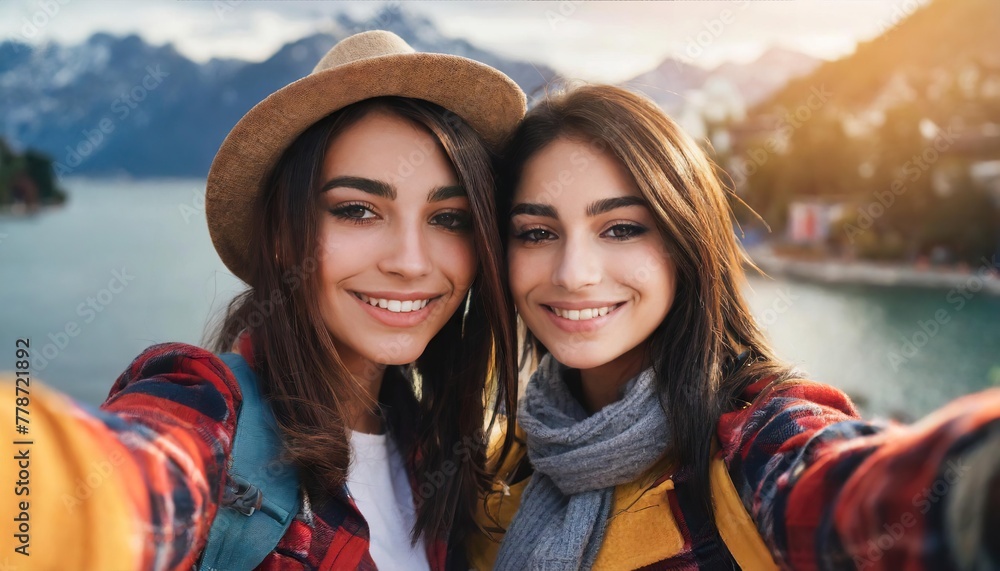 Young adult hipster girlfriends taking selfie and pulling funny faces