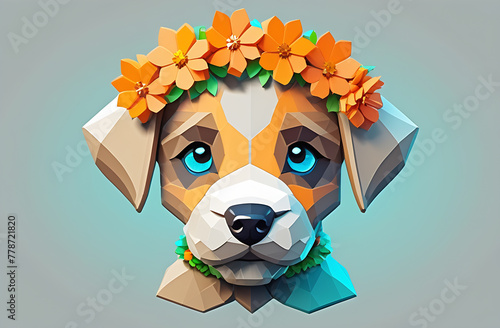 Illustration in polygonal style of a puppy with a flower wreath on his head