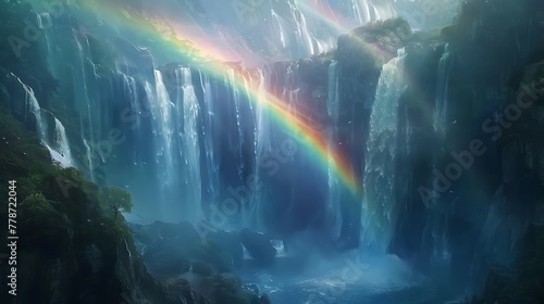 A rainbow arching over a cascading waterfall in a misty gorge