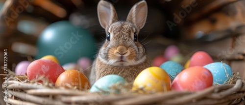 a rabbit sitting next to a basket full of colored eggs in a room with wooden floors and a wooden ceiling.