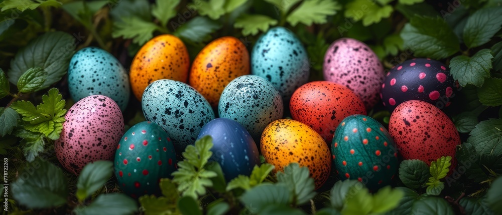 a group of painted eggs sitting on top of a lush green leaf covered ground next to a leafy plant. a group of painted eggs sitting on top of a lush green leaf covered ground next to a leafy plant.