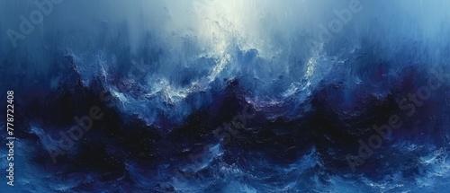 a painting of blue and white waves on a black and white background with light coming from the top of the wave.