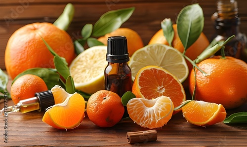 Aromatic tangerine oil in a dark bubble, cosmetic oil from Mandarin on a light gray background. Tangerine Aroma in Dark Bubble Mandarin Cosmetic Oil