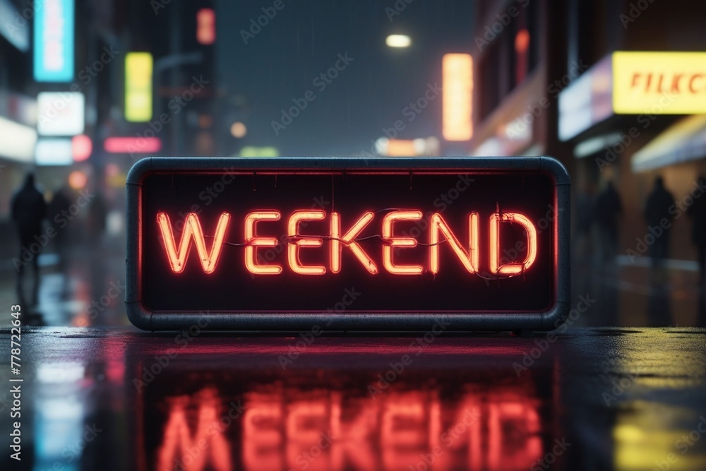 Slogan weekend neon light sign text effect on a rainy night street, horizontal composition
