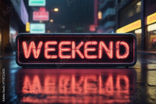 Slogan weekend neon light sign text effect on a rainy night street, horizontal composition