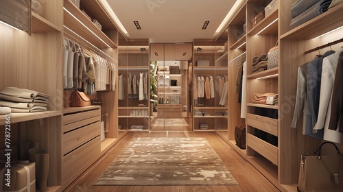  a women's walk-in closet with a minimalist aesthetic, featuring floating shelves for accessories and a clean, uncluttered display of fashion items.