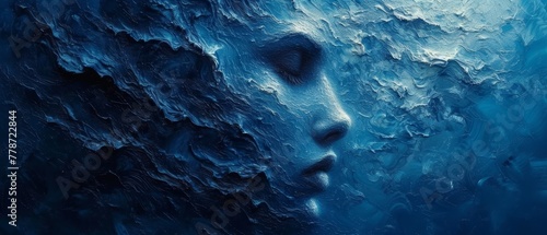 a close up of a person's face in a blue background with ice on the face and water on the face.
