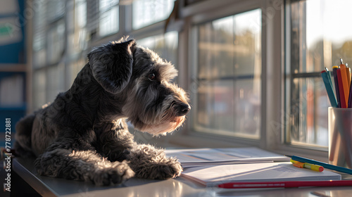 A grey schnoodle is positioned at a desk in a high school