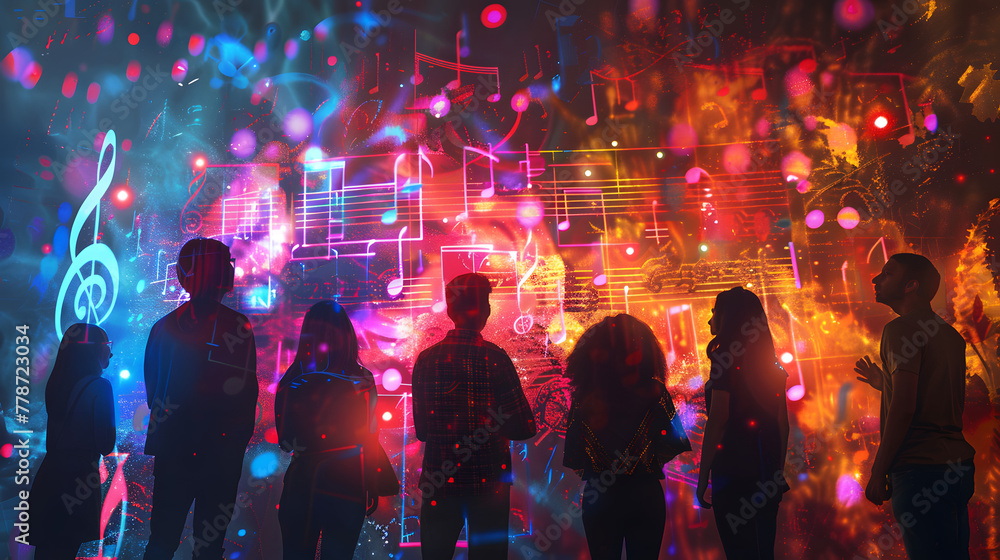 A group of individuals stand before an image with glowing musical notes and language scripts in the stencil art style A group of individuals stand before an image with glowing musical notes and language scripts in the stencil art style