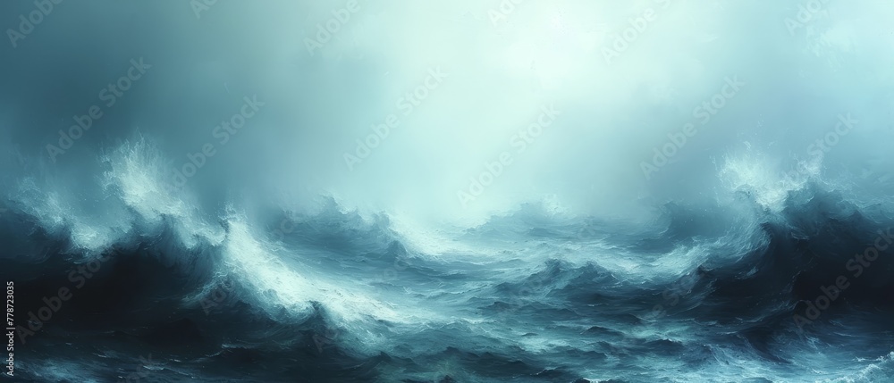 a painting of a large body of water in the middle of a large body of water with a boat in the middle of it. a painting of a large body of water in the middle of a large body of water with a boat in the middle of it.