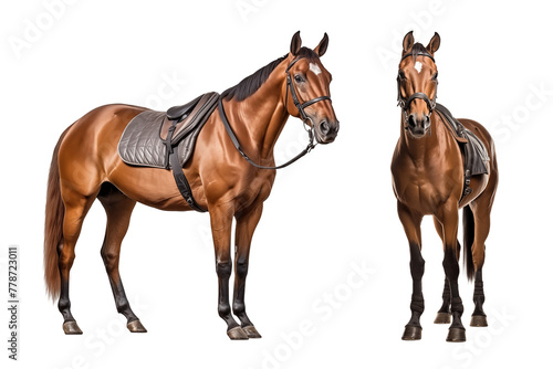 Two thoroughbred racehorse with saddle on isolated background