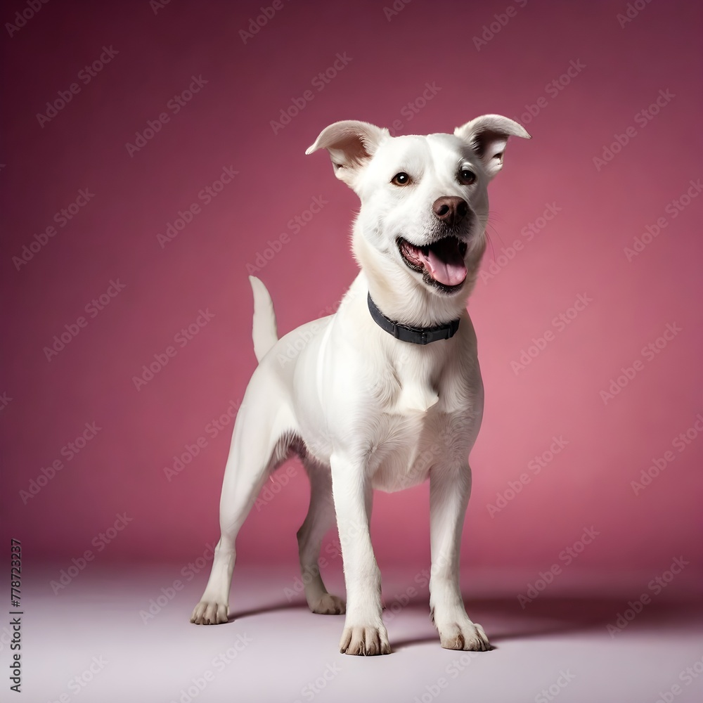 White short hair jack russel terrier standing on pink background, happy and smiling, professional photography, high quality portrait photo