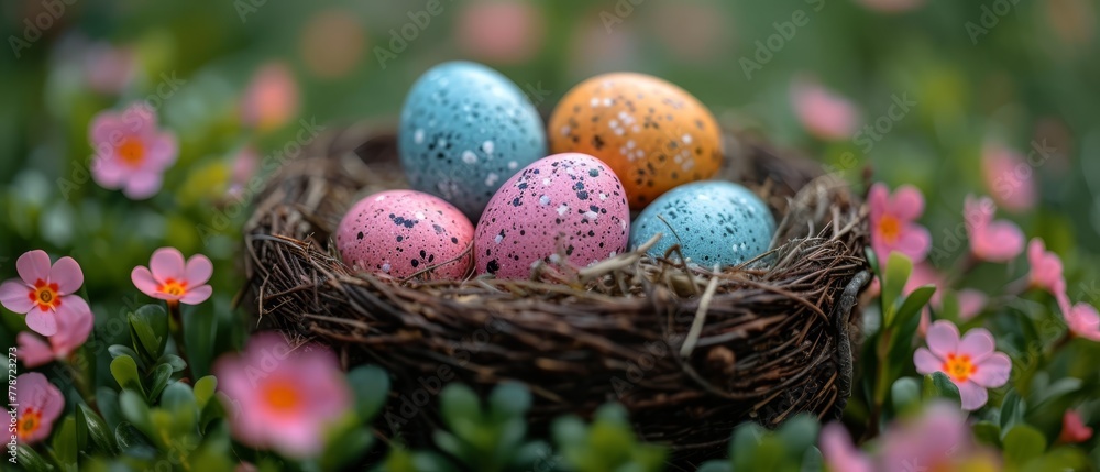 a bird's nest filled with colorful speckled eggs in a field of pink and yellow flowers with pink flowers in the background. a bird's nest filled with colorful speckled eggs in a field of pink and yellow flowers with pink flowers in the background.
