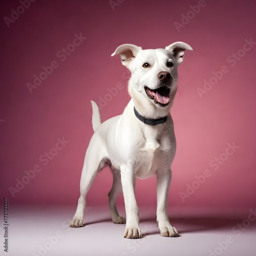White short hair jack russel terrier standing on pink background, happy and smiling, professional photography, high quality portrait photo