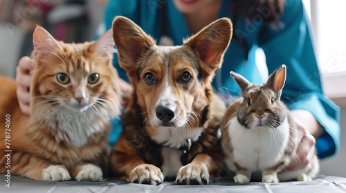 A veterinarian gently posing alongside a friendly dog, a cat, and a rabbit sitting together looking at the camera. 