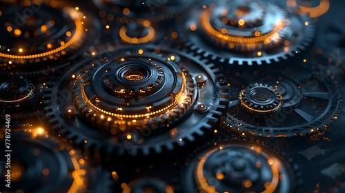 An intricate array of metallic gears with glowing orange lights set against a dark background suggesting advanced machinery and technology. 