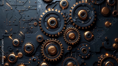 A complex array of interconnected gears and cogs symbolizing machinery and intricate systems in a dark metallic tone 