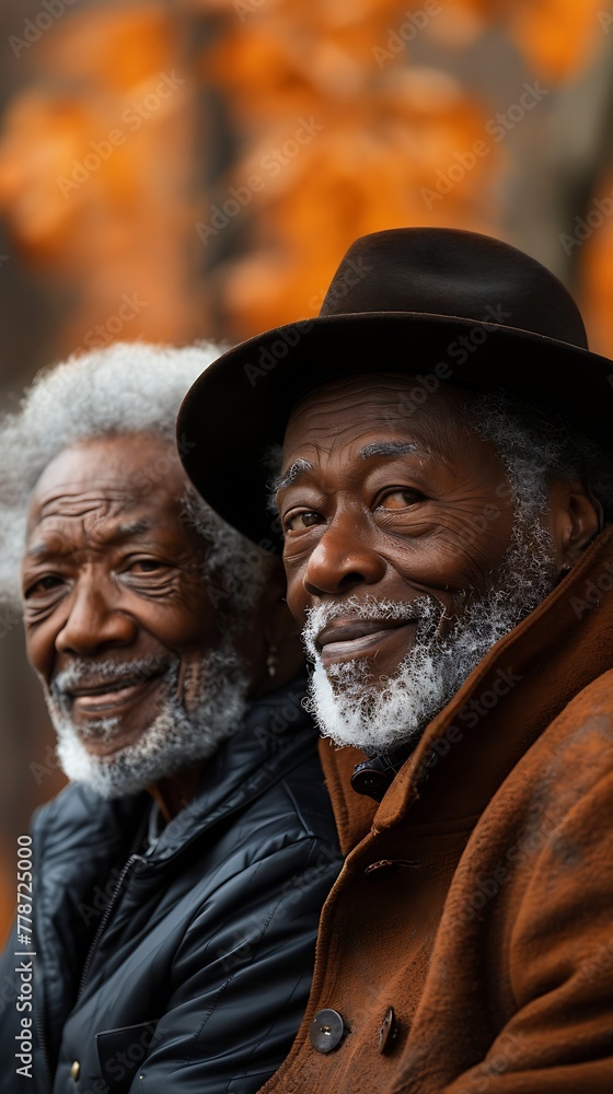 Two elderly African-American gentlemen with beards smiling and looking into the distance, set against a backdrop of autumn leaves. 