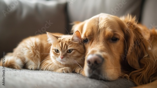 A serene golden retriever and a ginger cat resting together on a couch symbolize companionship and peace. 
