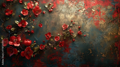 A beautifully textured artwork displaying red flowers and branches on a dark grungy background with vibrant colors.