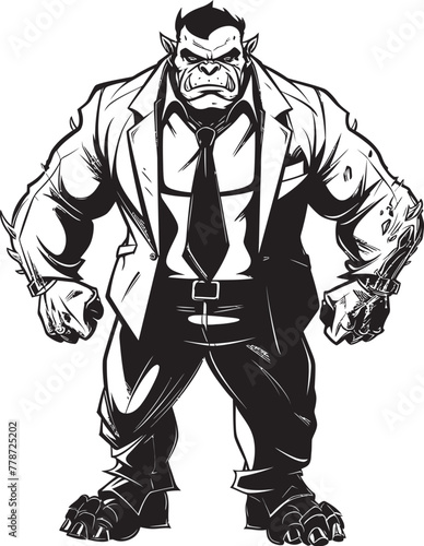 Business Beast Monarch Badge Orc in Formal Attire Icon Executive Enforcer Insignia Full Body Suit Emblem