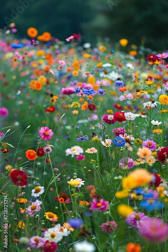 A colorful meadow of various wildflowers under a gentle rain creates a tranquil and vibrant natural scene.  © Dionysus