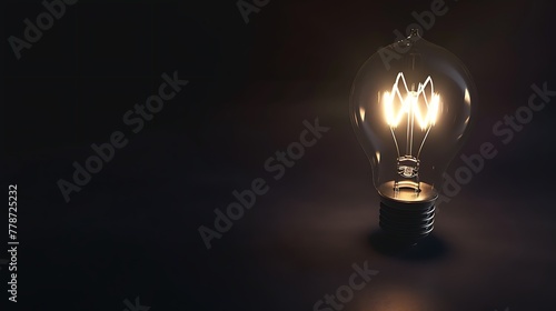 A glowing filament light bulb illuminated in the darkness on a surface with copyspace on the left side for text or design elements 