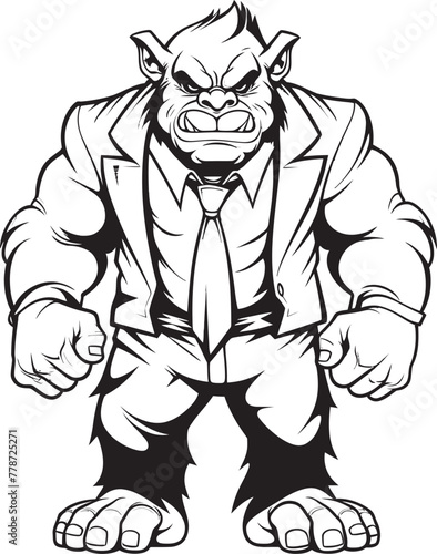 Business Beast Monarch Badge Orc in Formal Attire Icon Executive Enforcer Insignia Full Body Suit Emblem