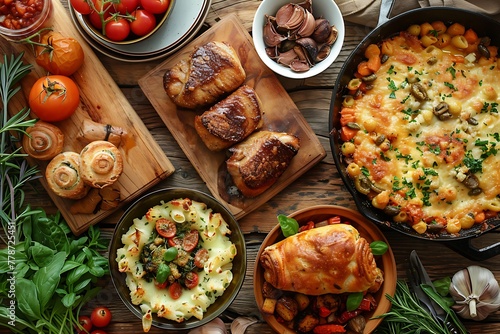 A hearty and appetizing spread of various dishes and ingredients on a rustic wooden table perfect for a food blog or menu design.