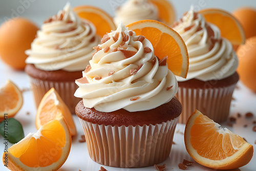 Orange creamsicle cupcakes with swirl frosting and fruit garnish, close-up on a white background. Design for recipe website, bakery menu, or dessert blog