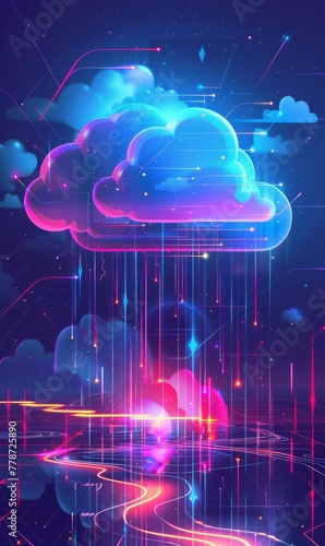 Futuristic technology concept, cloud computing concept. Technological interface and clouds. On dark background.