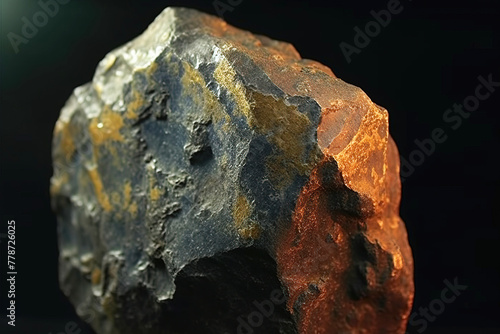 Masuyite Uraninite fossil mineral stone. Geological crystalline fossil. Dark background close-up. photo