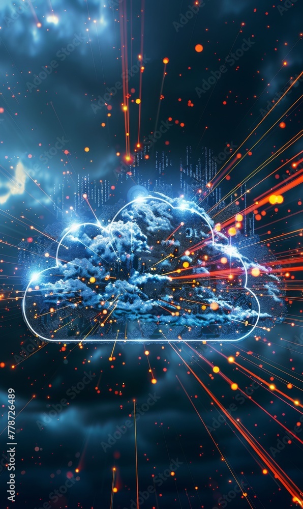 Futuristic technology concept, cloud computing concept. Technological interface and clouds. On dark background. Futuristic technology concept, cloud computing concept. Technological interface and clouds. On dark background.
