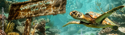A curious sea turtle with shimmering barnacles on its shell swims past a weathered wooden sign reading "Welcome to Coral Cove" in an underwater town built from seashells. (close-up)