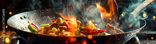 A close-up view inside a wok vibrant flames licking the bottom photo
