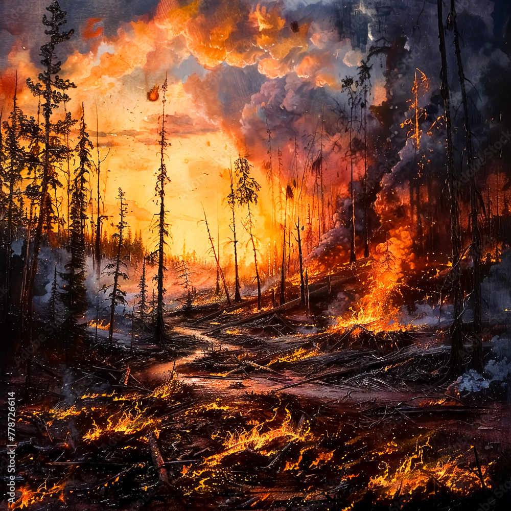 A dramatic landscape painting of a raging wildfire tearing through a parched forest