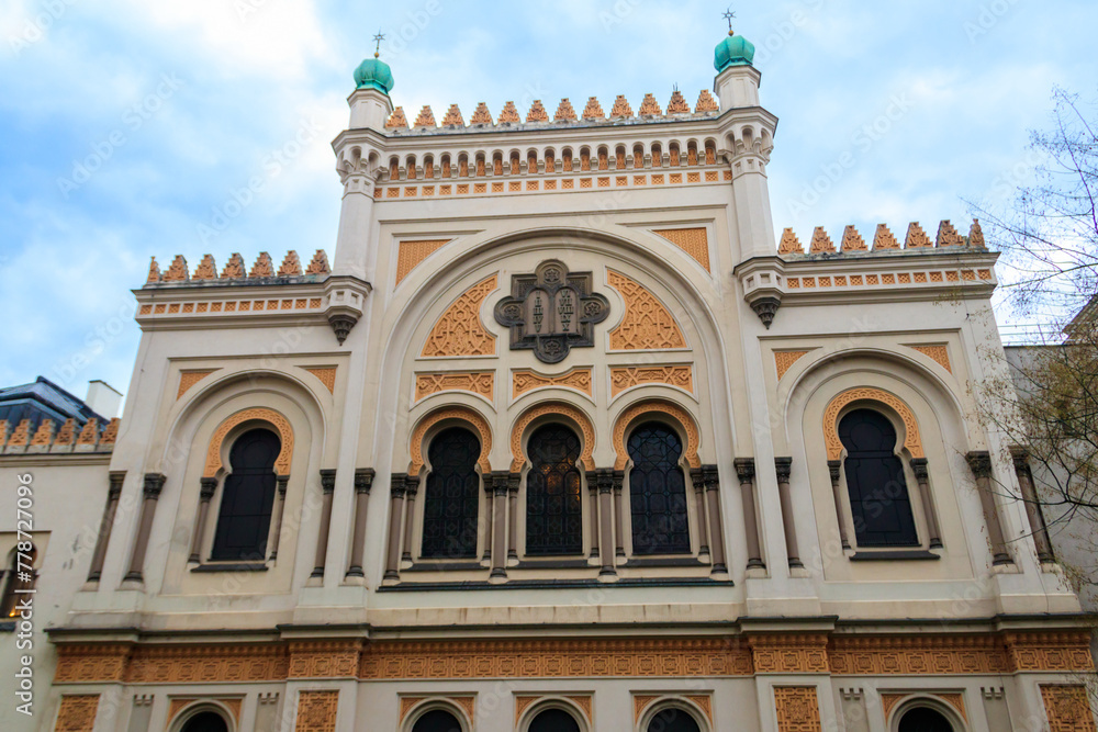 Facade of Spanish Synagogue in the Josefov district, Jewish Quarter of Prague, in Czech Republic