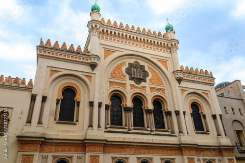 Facade of Spanish Synagogue in the Josefov district, Jewish Quarter of Prague, in Czech Republic