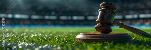 Gavel on grass in a stadium, symbolizing sports law and arbitration. Legal issues in sports concept. Design for discussion forum or law firm specializing in sports